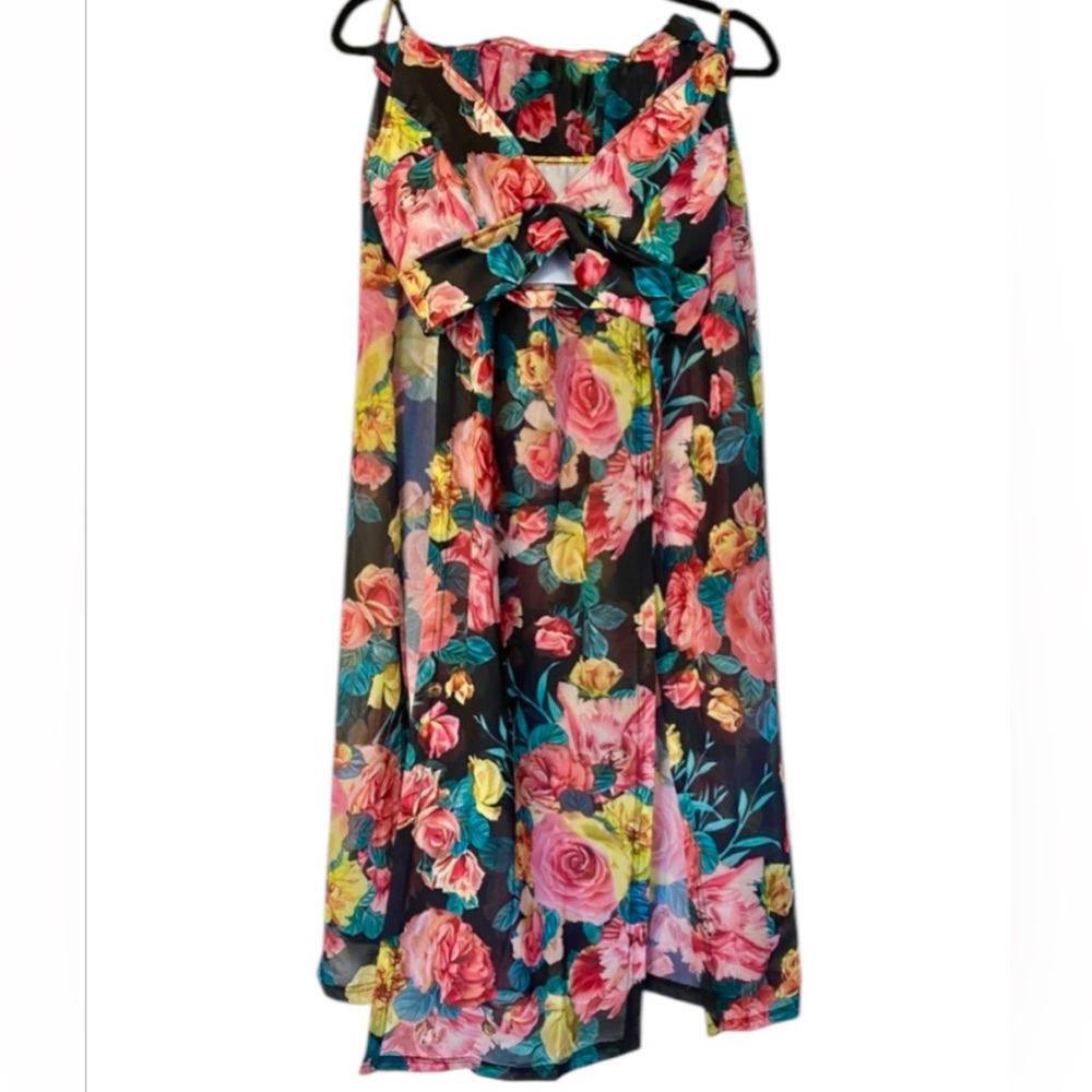 2 Piece Floral Top & High Split Maxi Skirt W/Built-in Bottoms - Pink Black Green